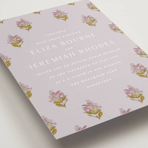 This is a violet wedding invitations with standard by Olivia Kanaley Inman called blockprint printing on signature in standard