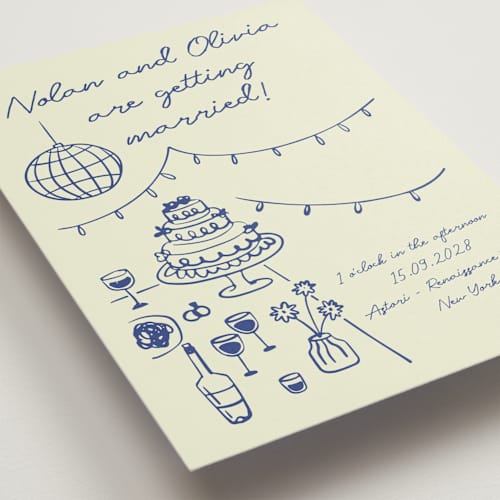 This is a disco blue wedding invitations with standard by Zove Ahhh called party on! printing on signature in standard