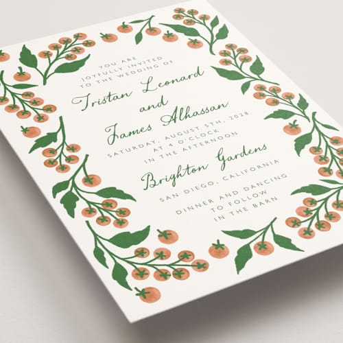 This is a cantaloupe wedding invitations with standard by Katharine Watson called cherry tomatoes printing on signature in standard
