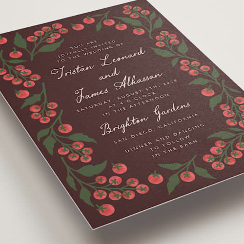 This is a plum wedding invitations with standard by Katharine Watson called cherry tomatoes printing on signature in standard