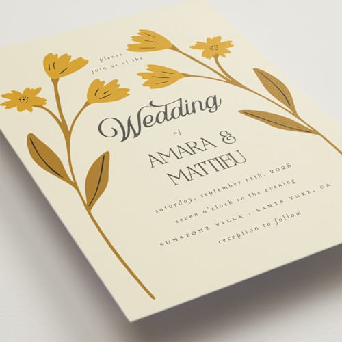 This is a yolk wedding invitations with standard by Morgan Kendall called vintage wildflowers printing on signature in standard