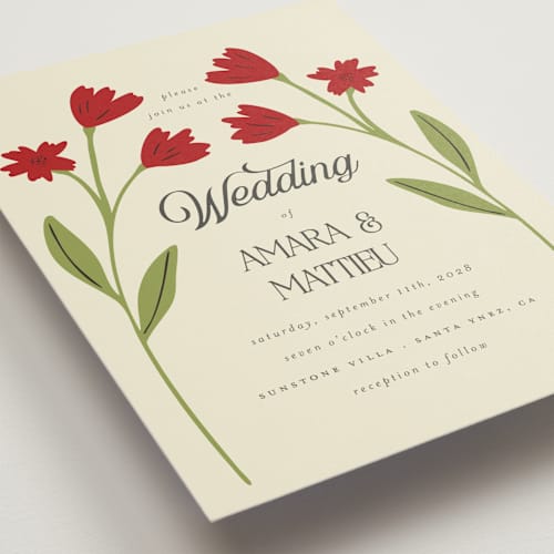 This is a crimson wedding invitations with standard by Morgan Kendall called vintage wildflowers printing on signature in standard