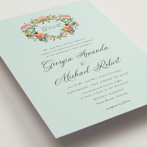 This is a papaya wedding invitations with standard by Susan Moyal called tropical crest printing on signature in standard