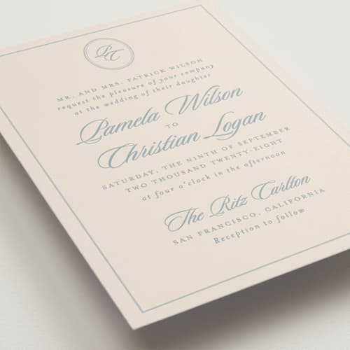 This is a powder blue wedding invitations with standard by Creo Study called scripted printing on signature in standard