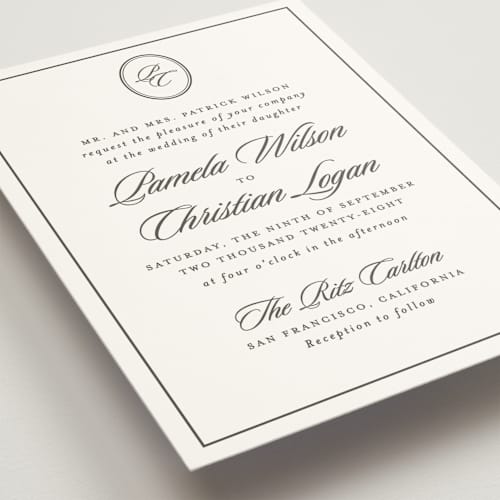 This is a noir wedding invitations with standard by Creo Study called scripted printing on signature in standard