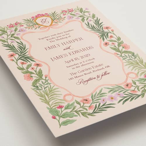 This is a peony wedding invitations with standard by Elly called garden heirloom printing on signature in standard