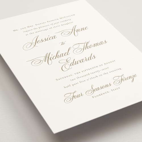 This is a champagne wedding invitations with standard by Jennifer Postorino called empire printing on signature in standard