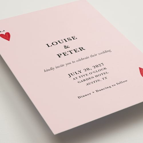This is a dusty rose wedding invitations with standard by Helena Vitto called red hearts printing on signature in standard