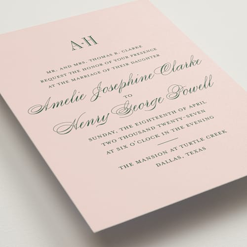This is a rose wedding invitations with standard by Megan Davis called hepburn printing on signature in standard