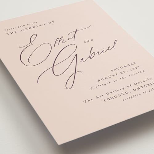 This is a dusty rose wedding invitations with standard by Hooray Creative called scripted names printing on signature in standard