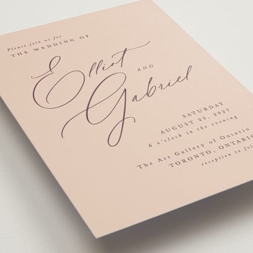 This is a apricot wedding invitations with standard by Hooray Creative called scripted names printing on signature in standard