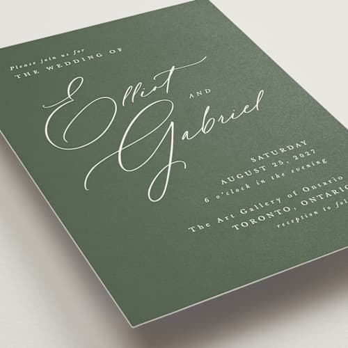 This is a forest wedding invitations with standard by Hooray Creative called scripted names printing on signature in standard