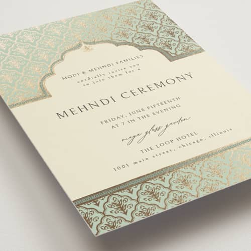 This is a aqua foil stamped wedding invitations with foil pressed by Pati Cascino called aatreya printing on signature in standard