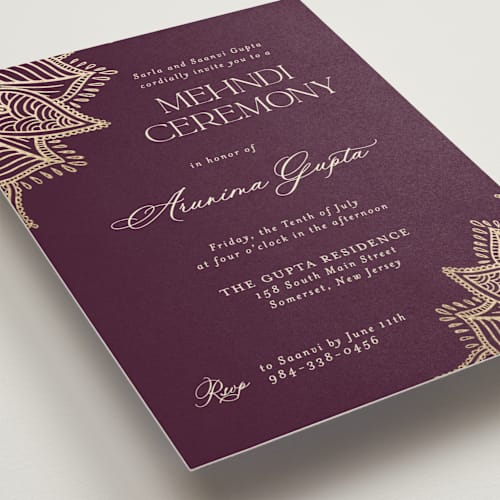 This is a plum foil stamped wedding invitations with foil pressed by Randi Cirelli called arunima printing on signature in standard