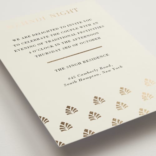 This is a champagne foil stamped wedding invitations with foil pressed by Oma N. Ramkhelawan called henna stamp printing on signature in standard