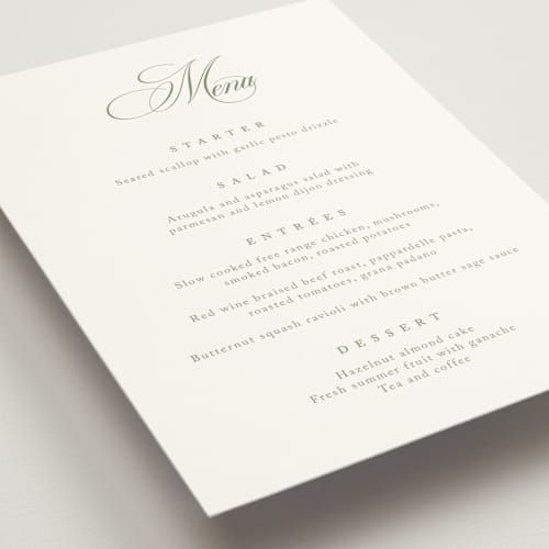This is a garden menu cards with standard by Kelly Schmidt called chic script printing on signature in 5x7