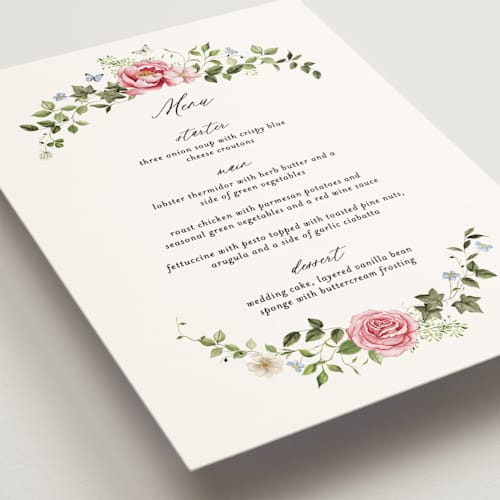 This is a peony menu cards with standard by Sarah Knight called ornate printing on signature in 5x7