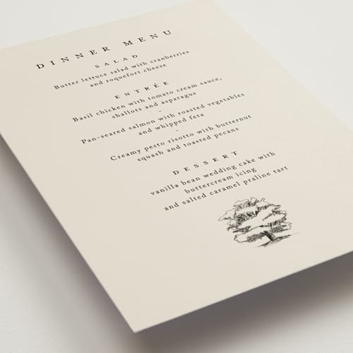 This is a dove menu cards with standard by Amy Kross called white oak printing on signature in 5x7