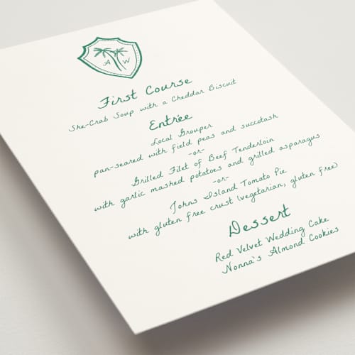 This is a palm menu cards with standard by Erika Firm called palm tree crest printing on signature in 5x7