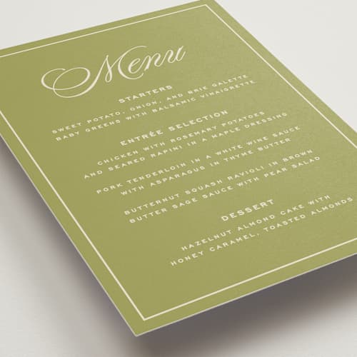 This is a olive menu cards with standard by Ellen Schlegelmilch called rory printing on signature in standard