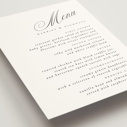 This is a noir slate menu cards with standard by Ana de Sousa called written with love printing on signature in standard
