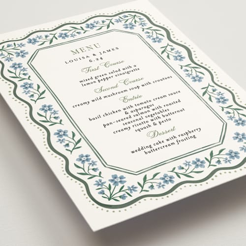 This is a periwinkle menu cards with standard by Alethea and Ruth called sweet vintage printing on signature in standard
