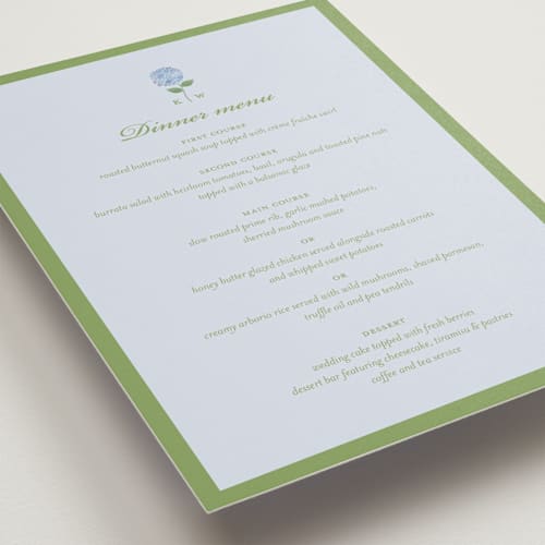 This is a coastal menu cards with standard by Madhvi Samimi called hydrangea vines printing on signature in standard