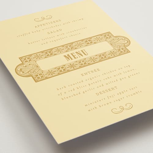 This is a butter menu cards with standard by Nazia Hyder called vintage label printing on signature in 5x7