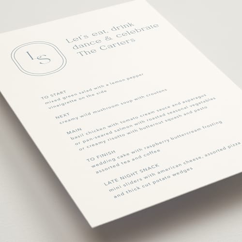 This is a lakeshore blue menu cards with standard by Jennifer Postorino called leighton printing on signature in 5x7