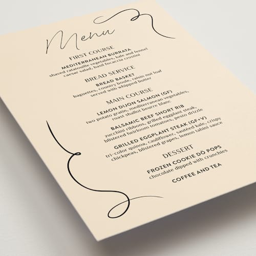 This is a champagne menu cards with standard by Wallace Design Co. called french whimsy script printing on signature in 5x7