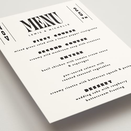This is a noir menu cards with standard by Alethea and Ruth called bold stack printing on signature in 5x7