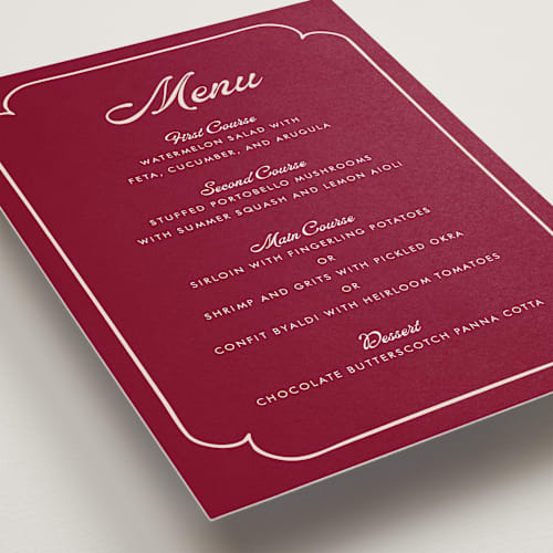 This is a garnet menu cards with standard by Morgan Kendall called victorian chic printing on signature in 5x7