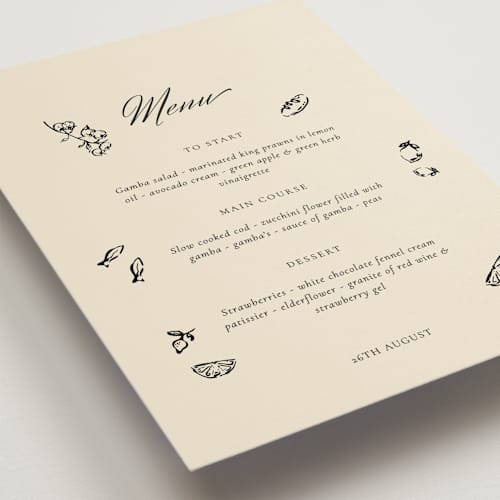 This is a cream menu cards with standard by Draft and Wed called whimsical watercolour printing on signature in standard