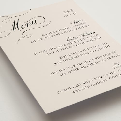 This is a black tie menu cards with standard by Hooray Creative called scripted names printing on signature in standard