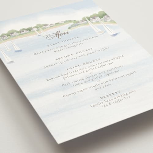 This is a aqua menu cards with standard by Jennifer Wick called bristol printing on signature in standard