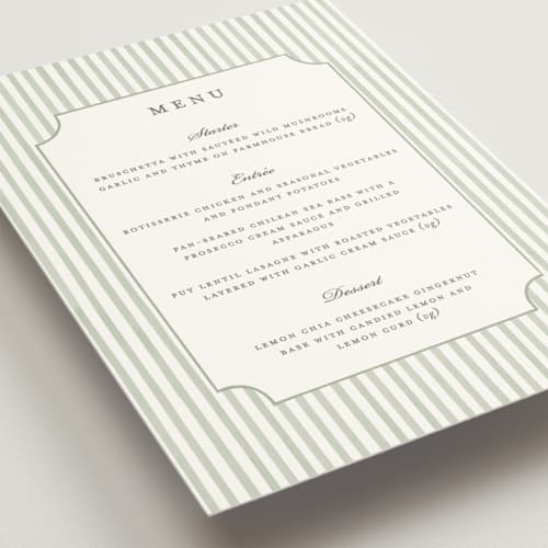 This is a sage menu cards with standard by Sarah Knight called greenery crest printing on signature in standard