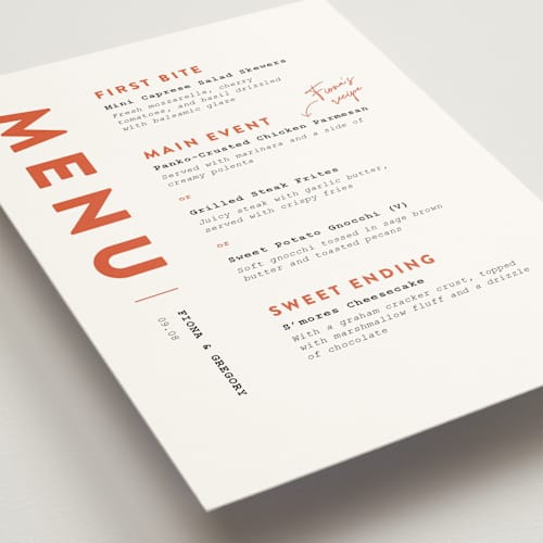 This is a persimmon menu cards with standard by Adelyn T. called fiesta printing on signature in standard