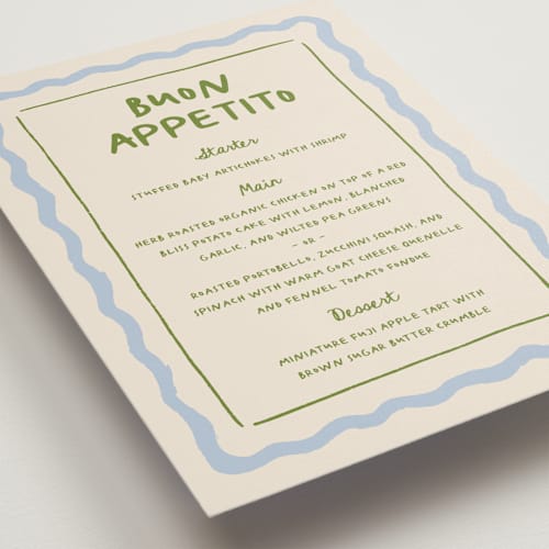 This is a garden menu cards with standard by Carmia Jordaan called italian whimsy printing on signature in standard