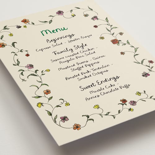 This is a meadow menu cards with standard by Cass Loh called garden's edge printing on signature in standard