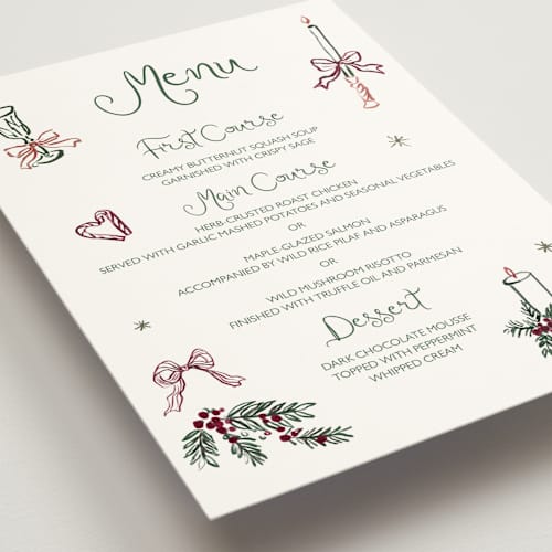 This is a enchanted holiday menu cards with standard by Cass Loh called holidays ink doodles printing on signature in 5x7