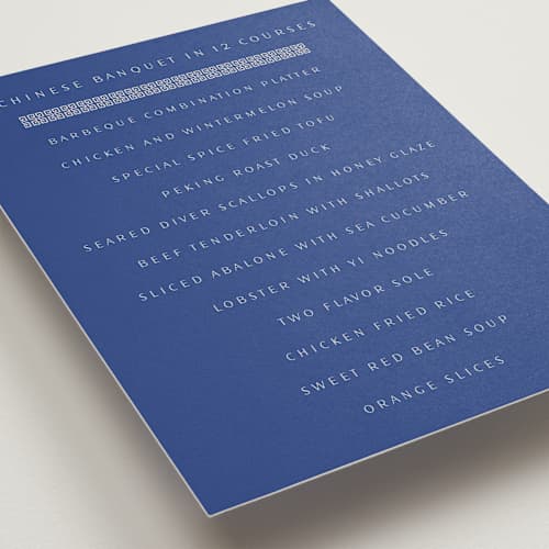 This is a marseille bleu menu cards with standard by Deborah Chou called two toned printing on signature in standard