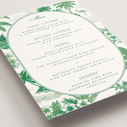 This is a jade menu cards with standard by Jenna Holcomb called tropical toile printing on signature in standard
