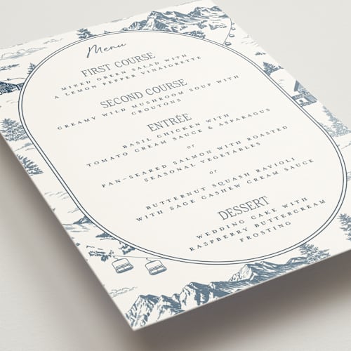 This is a denim menu cards with standard by Jenna Holcomb called mountain toile printing on signature in standard