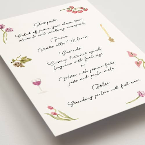This is a deep blush menu cards with standard by Pati Cascino called barolo printing on signature in standard