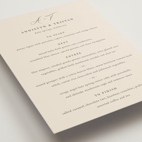 This is a mocha menu cards with standard by Jennifer Postorino called love story printing on signature in 5x7