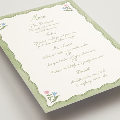 This is a garden menu cards with standard by Creo Study called folk garden printing on signature in standard