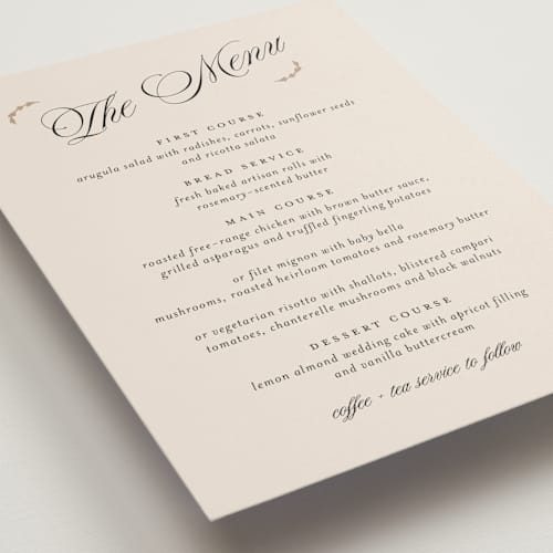 This is a ivory menu cards with standard by Paper Raven Co. called vintage romance printing on signature in standard