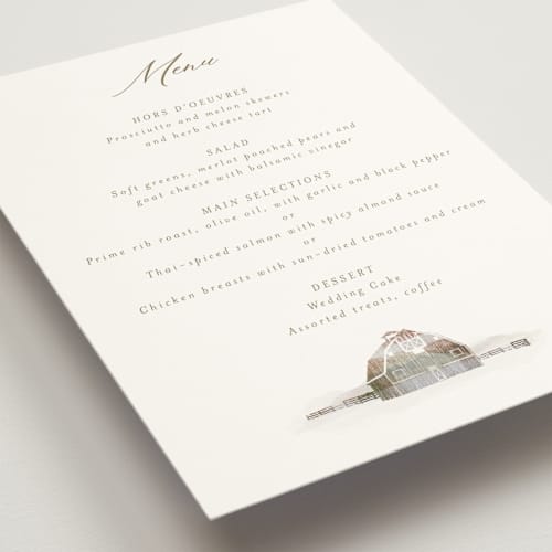 This is a fawn menu cards with standard by AK Graphics called rustic barn printing on signature in standard