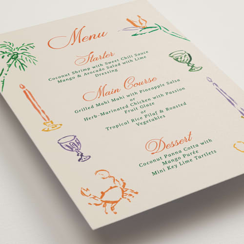 This is a bird of paradise menu cards with standard by Cass Loh called tropical tableau printing on signature in standard
