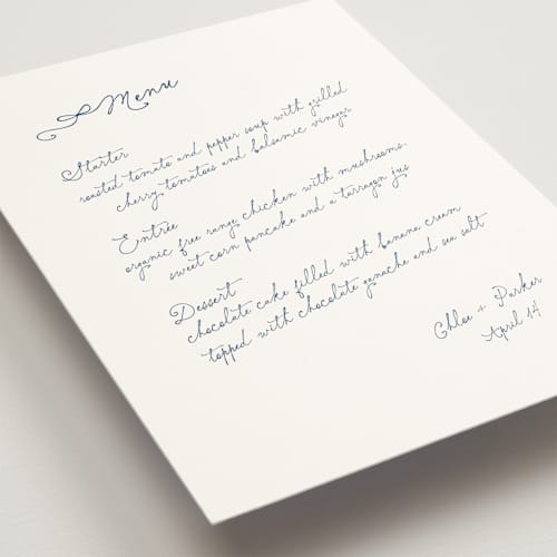This is a sapphire menu cards with standard by Simona Camp called perfectly noted printing on signature in standard